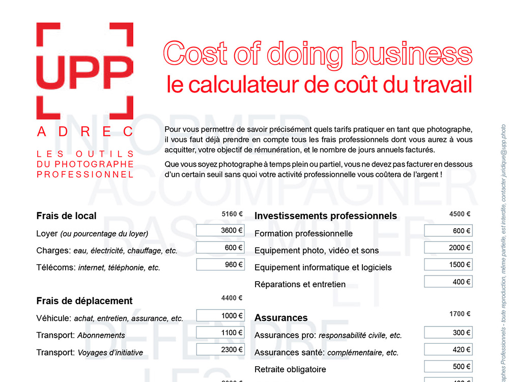 Calculateur Cost of Doing Business de l'Union des Photographes Professionnels